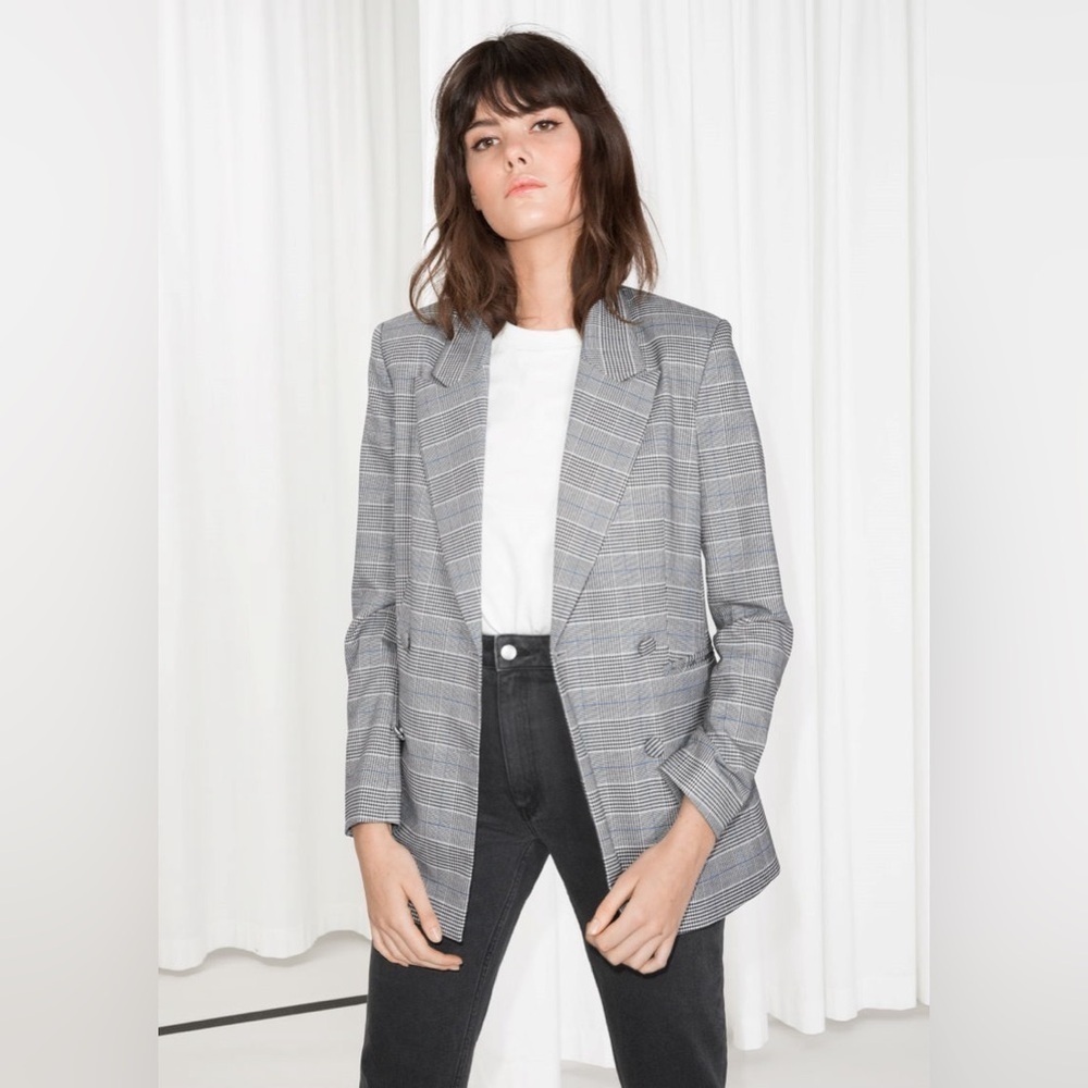& Other Stories Fitted Double Breasted Blazer Gray Plaid Sz. 4/S